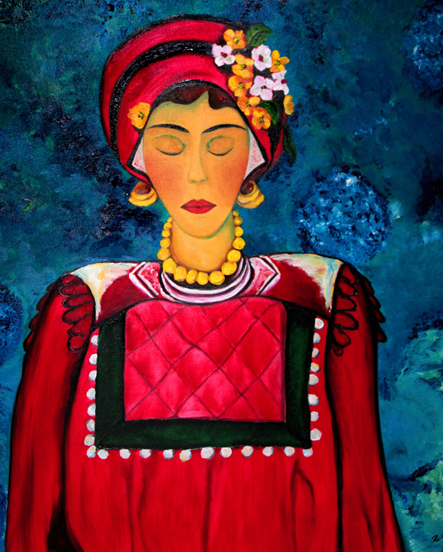 Eine traurige Frau im rotem Gewand, Öl auf Leinwand, 80cm x 100cm