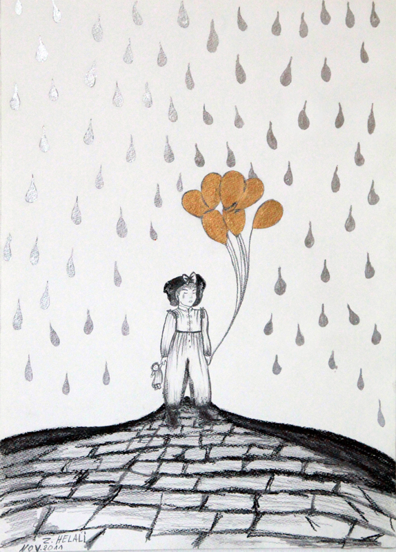 Kind im Regen, Kohlezeichnung auf Papier mit Blattgold, 36,5cm x 40,5cm