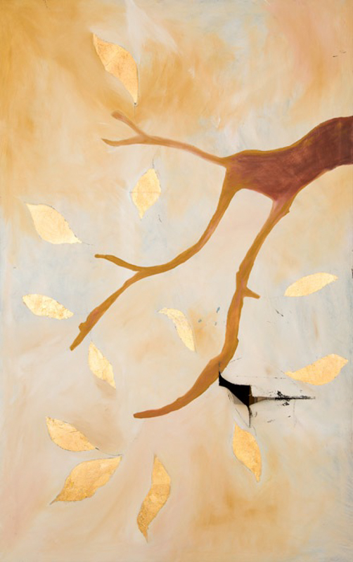 Ast mit Blättern mit Öl und Blattgold auf gerissener Leinwand, 100cm x 160cm
