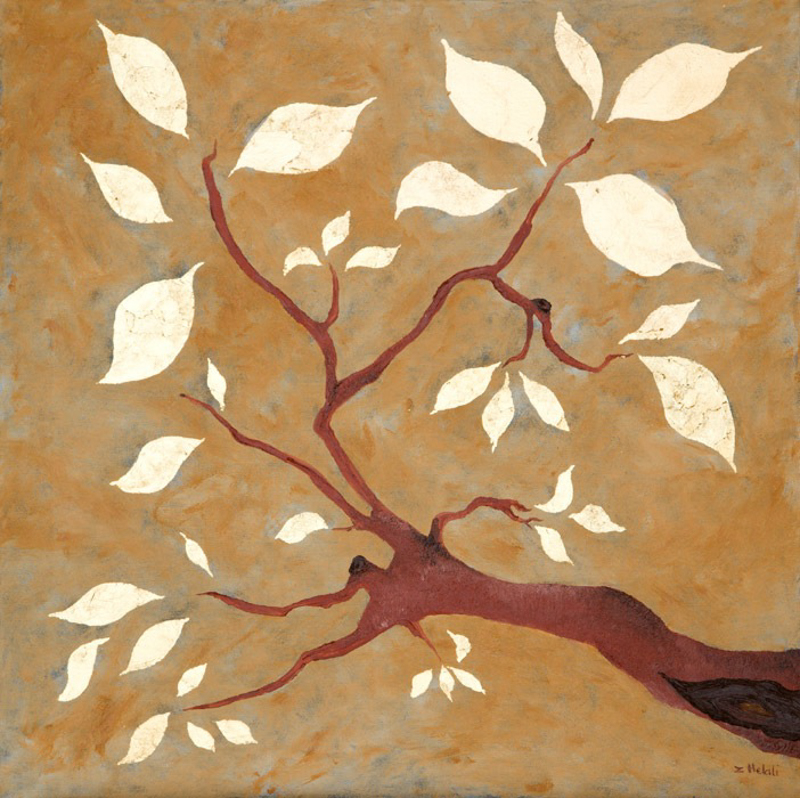 Ast mit Blättern, Öl & Blattgold auf Leinwand, 60cm x 60cm