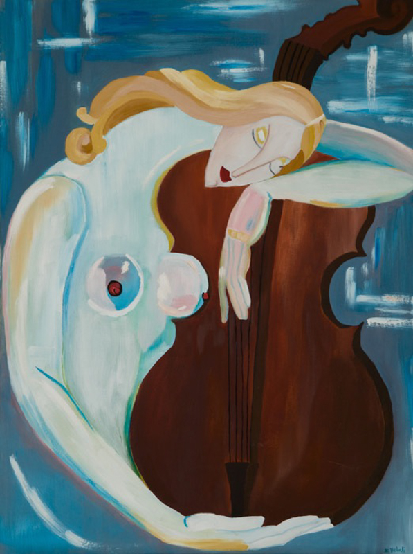 Nackte Frau umarmt ein Cello (Abstrakt), Öl auf Leinwand, 60cm x 80cm