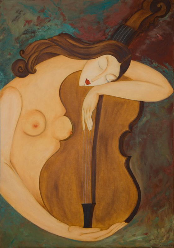Nackte Frau umarmt ein Cello, Öl auf Leinwand, 60cm x 80cm