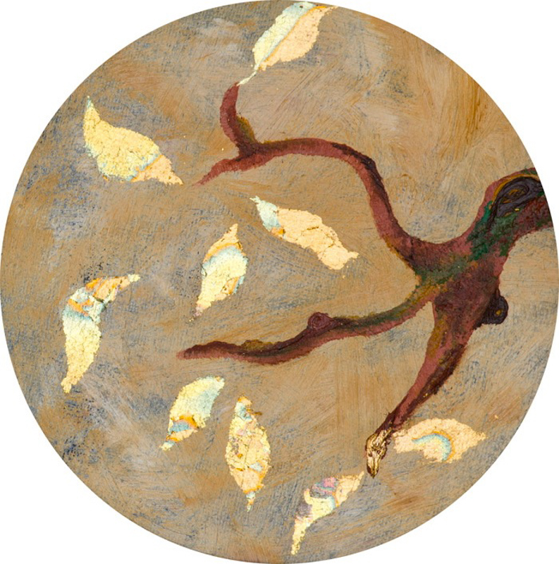 Ast mit Blättern, Öl auf Leinwand, Durchmesser 14,5cm