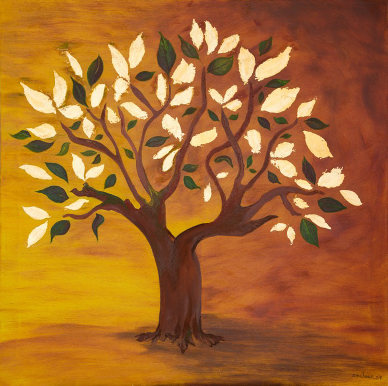 Baum mit Blättern, Öl & Blattgold auf Leinwand, 80cm x 80cm