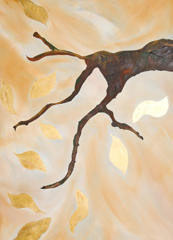 Ast mit Blättern, Öl & Blattgold auf Leinwand, 100cm x 140cm