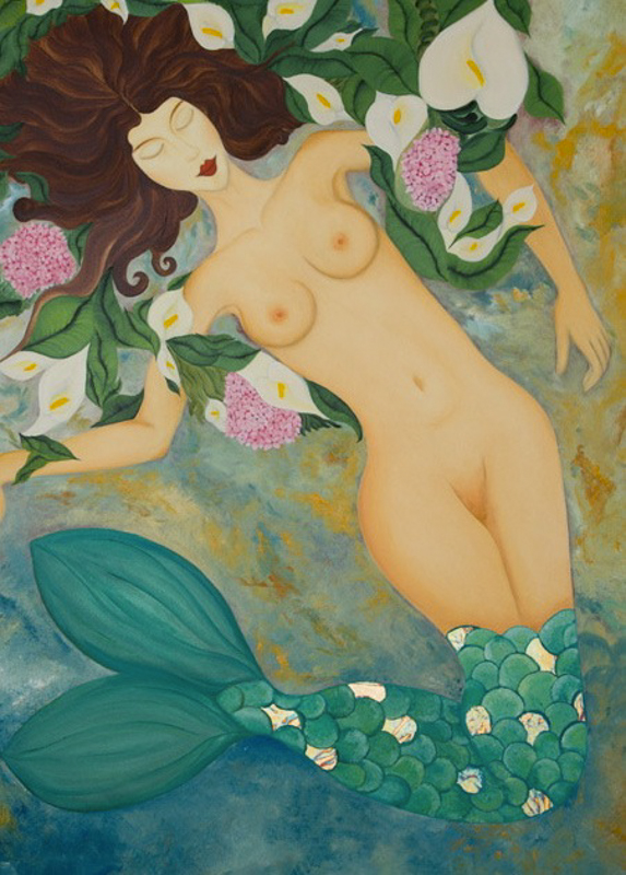 Eine Meerjungfrau nackt, Öl mit Blattgold auf Leinwand, 100cm x 140cm